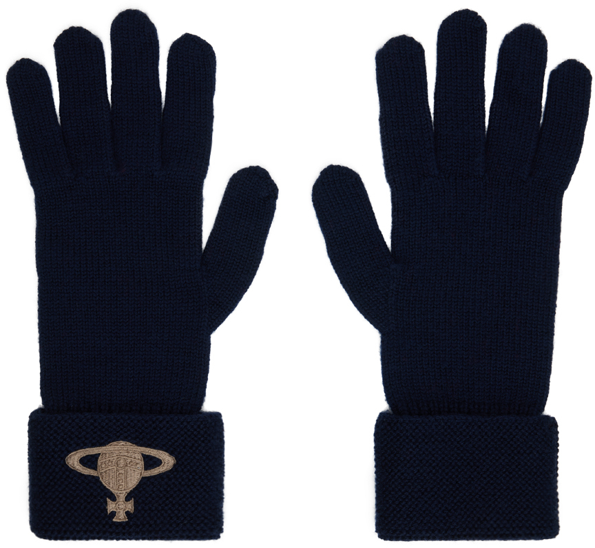 【Vivienne Westwood】 Embroidery Cashmere Wool Gloves Vivienne Westwood: Navy Embroidered Orb Gloves | SSENSE