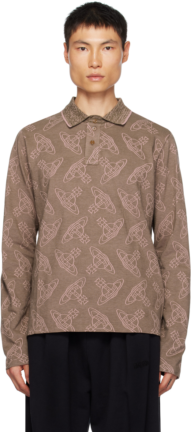 Vivienne Westwood Orb-print Split-side Organic-cotton Polo Shirt In Brown Khaki Pink