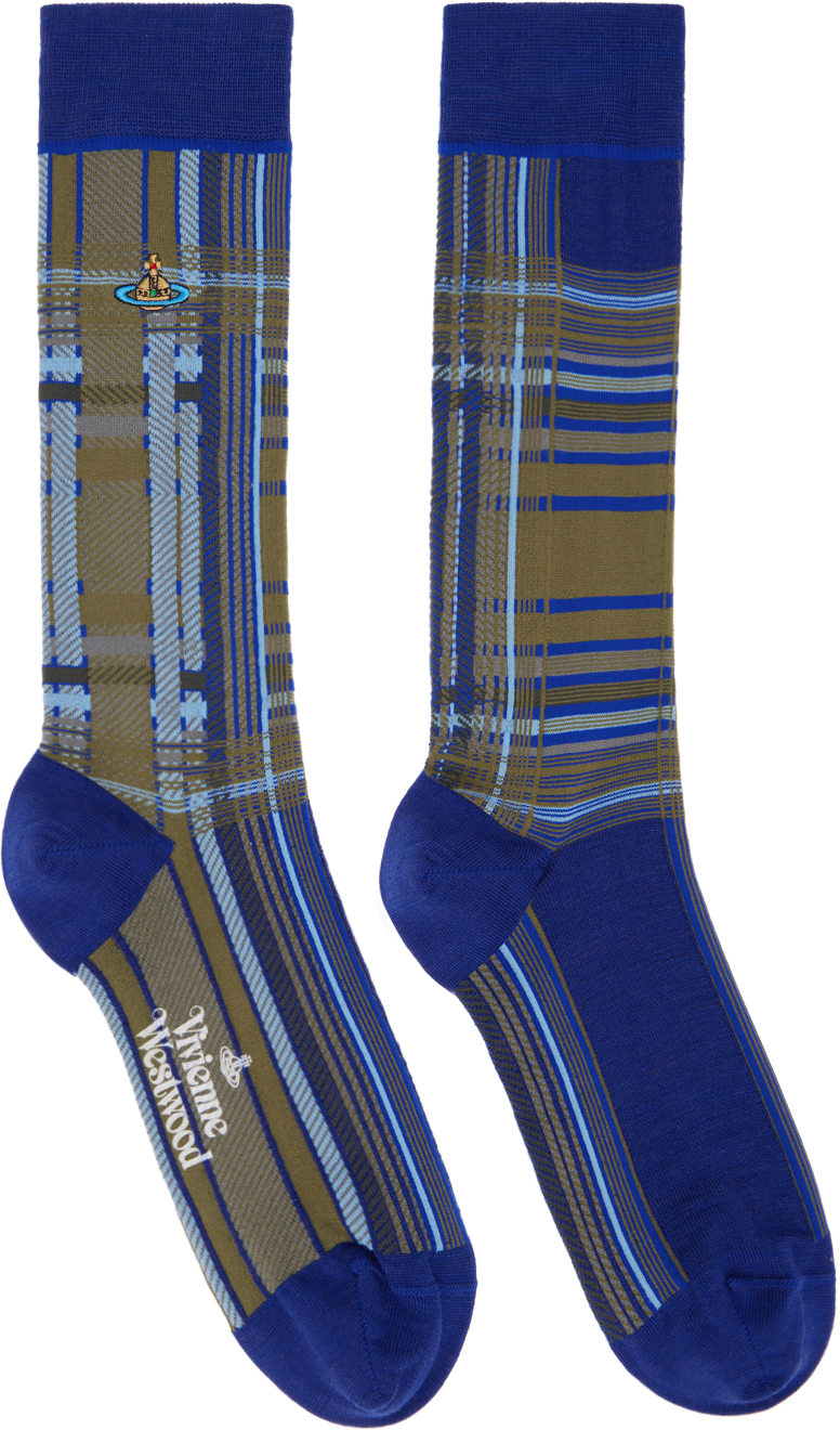 Shop Vivienne Westwood Navy & Khaki Madras Oversize Socks In 233-k002b-k401
