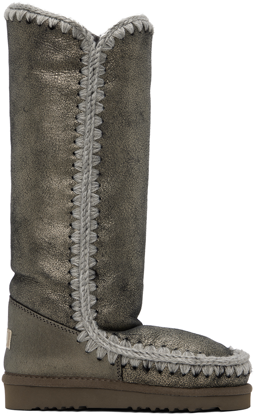 Shop Mou Gray 40 Shearling Boots In Dublk Dust Black