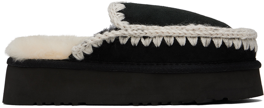 Mou Ssense Exclusive Black Full Stitch Platform Slippers In Bkwhi Black Suede