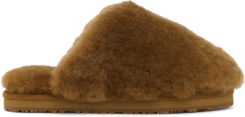 Mou Brown Patch Shearling Slippers In Cog Cognac