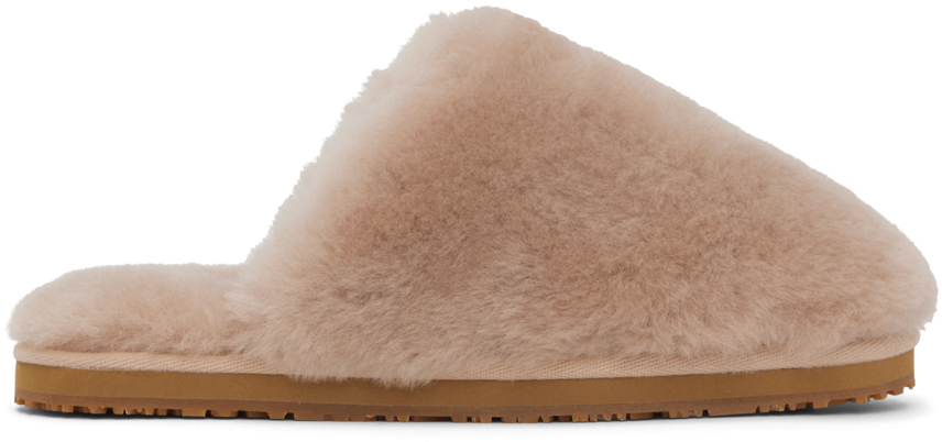 Shop Mou Pink Patch Shearling Slippers In Robe Rose Beige