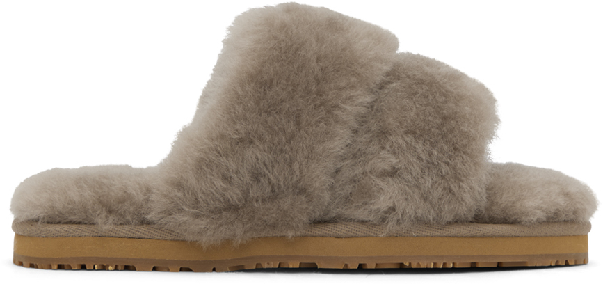 Mou Taupe 2-stripes Shearling Slippers In Elgry Elephant Grey