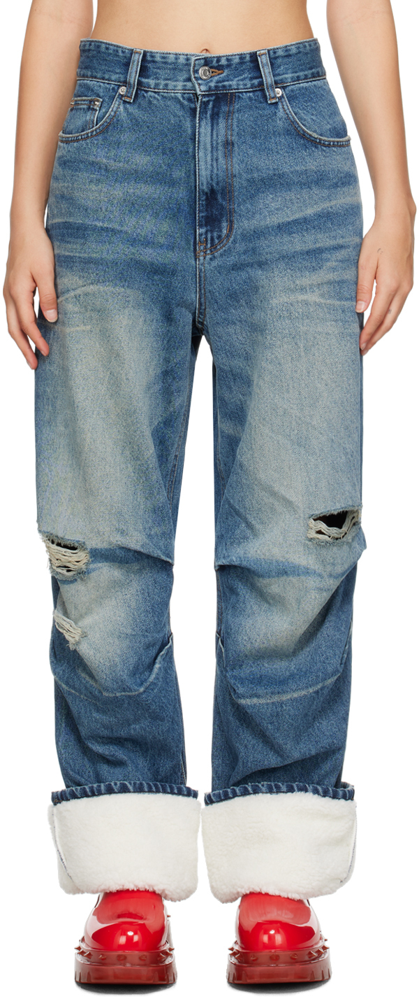 Blue Shearling Cuff Jeans