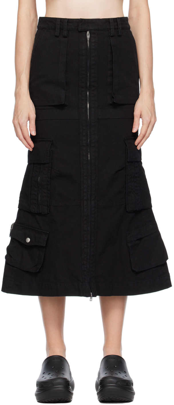 Black Cargo Denim Midi Skirt