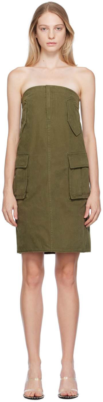 Khaki Cargo Denim Midi Skirt