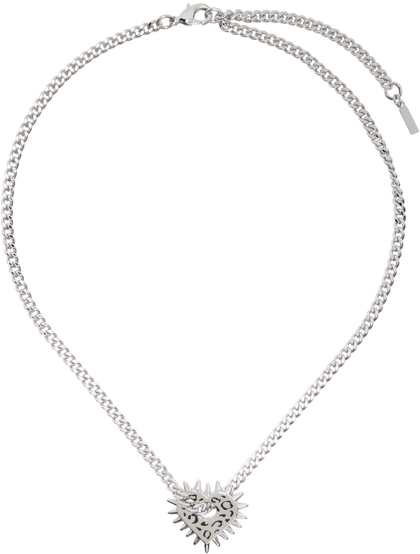 Silver Spike Flat Heart Leopard Pattern Necklace