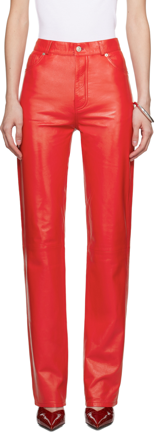 Red Straight Leg Leather Pants by LU'U DAN on Sale