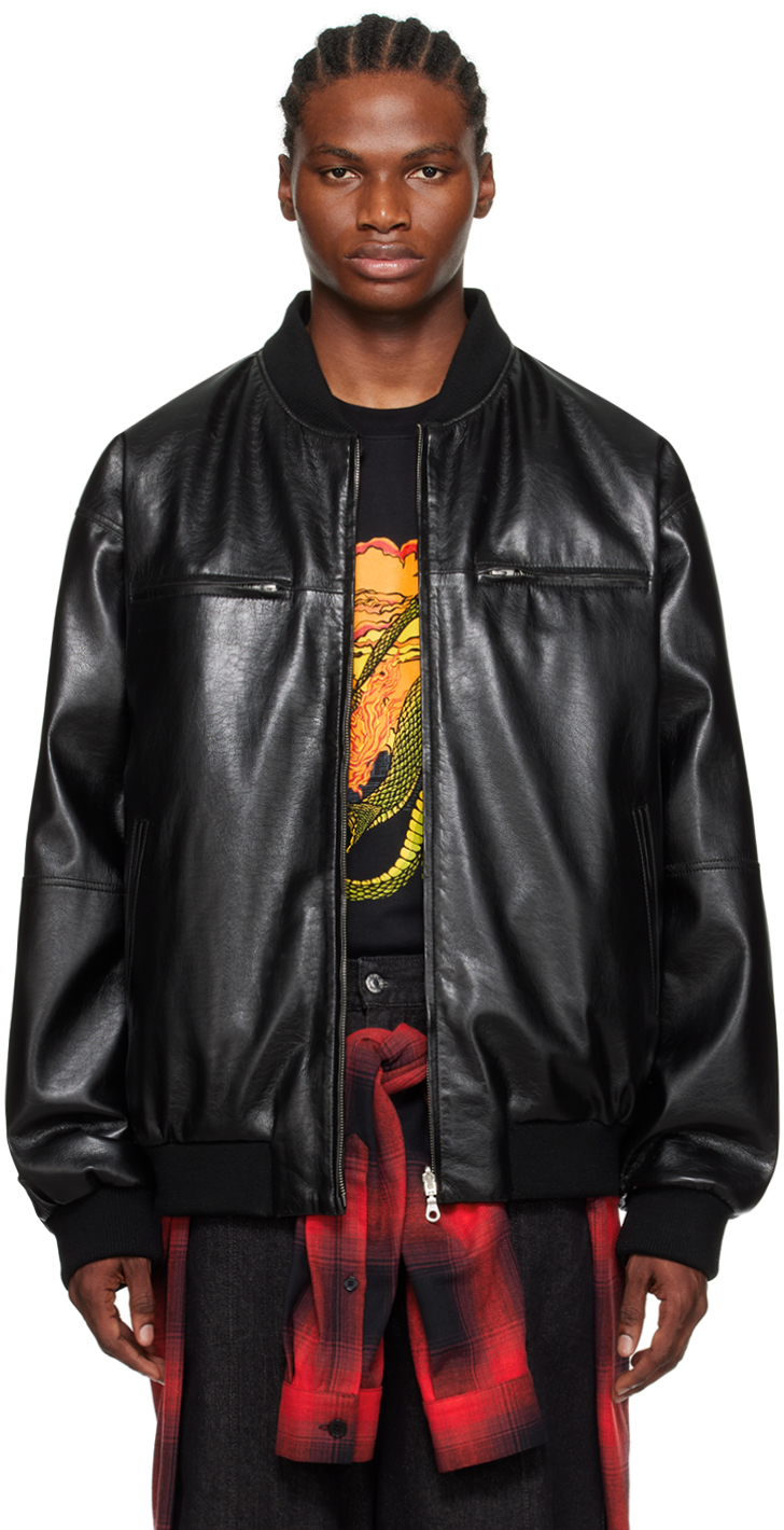 Black Reversible Faux-Leather Bomber Jacket