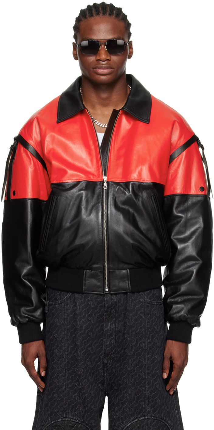 Lu'u Dan Red & Black 80's Leather Bomber Jacket In Red / Black