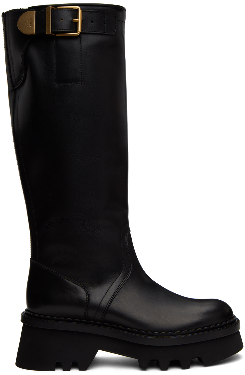 Chloé Owena Tall Leather Buckle Boots In Black | ModeSens