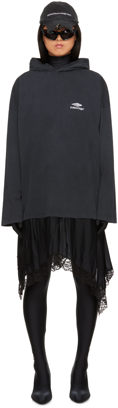 Balenciaga Black Hooded Midi Dress In 1569 Faded Black/whi