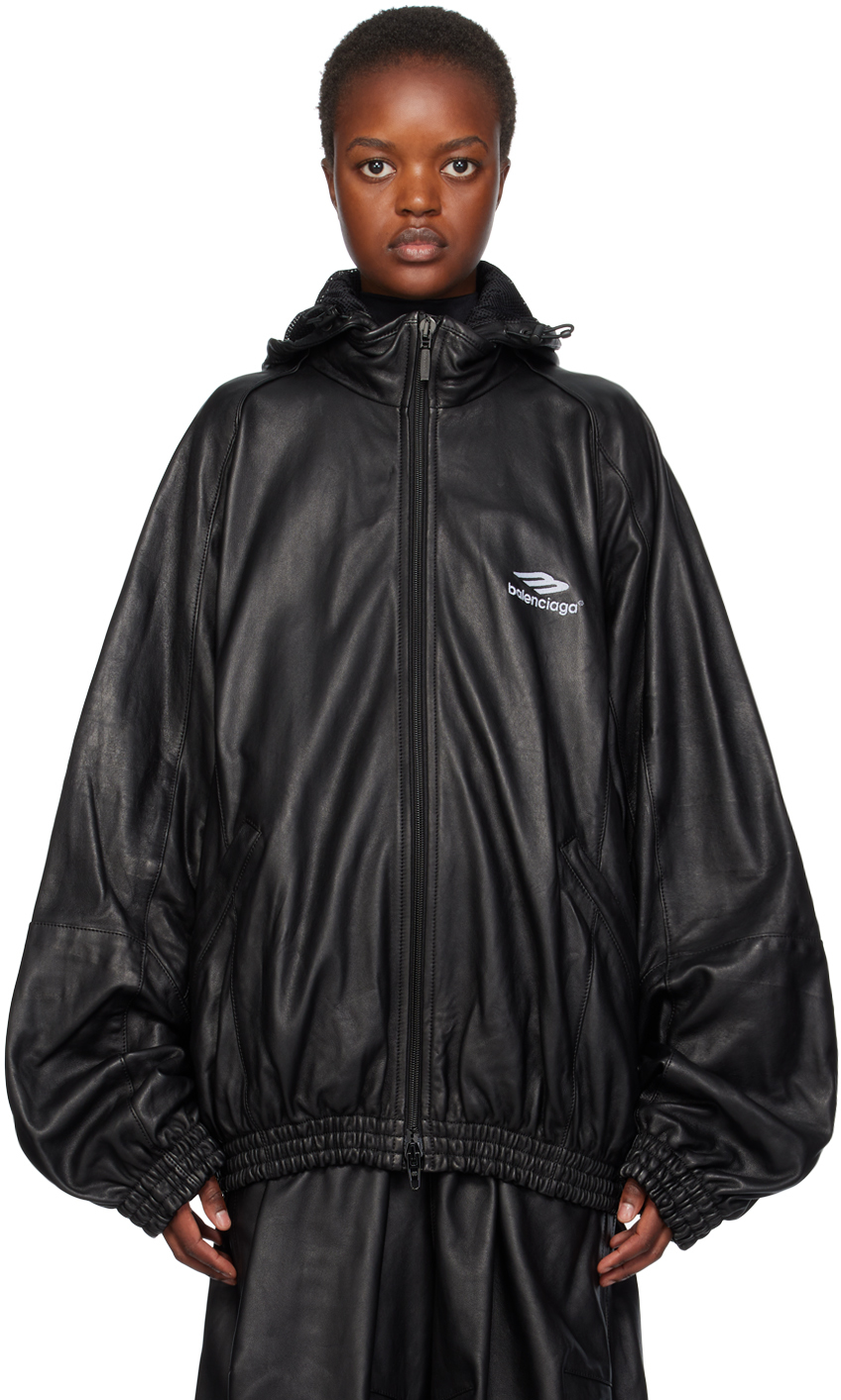 Balenciaga: Black 3B Sports Icon Leather Jacket | SSENSE UK