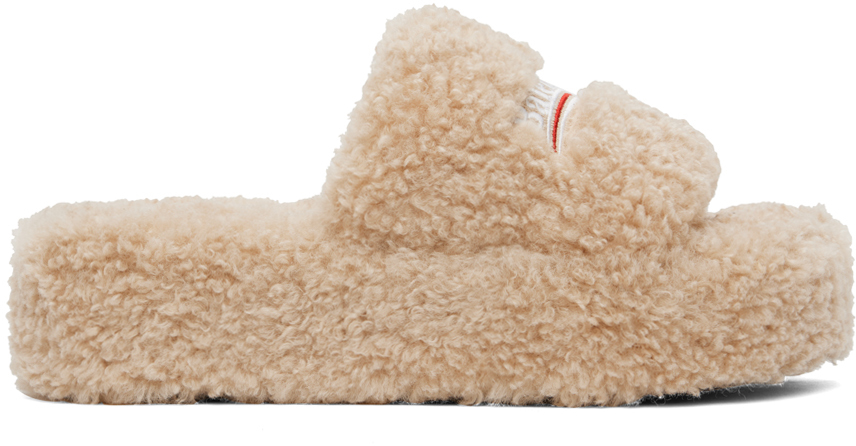 Balenciaga Beige Furry Platform Slides In 9796 Beige/white/red