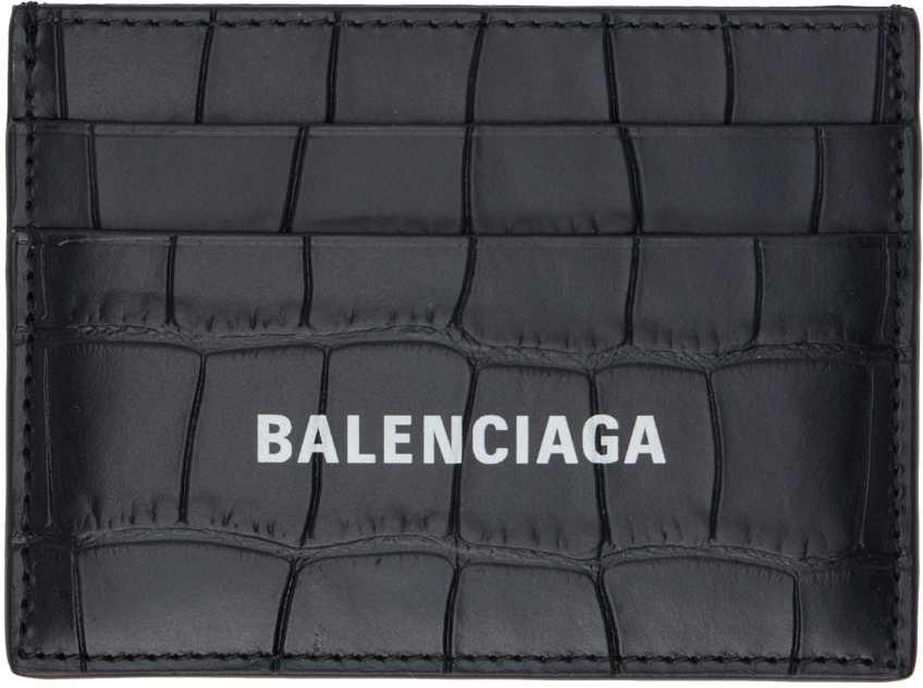 Balenciaga Black Croc-embossed Card Holder In 1000 Black/ L White