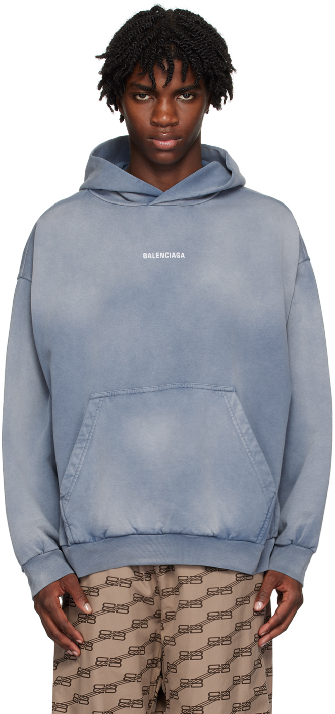 Balenciaga Blue Embroidered Hoodie In Faded Blue/white