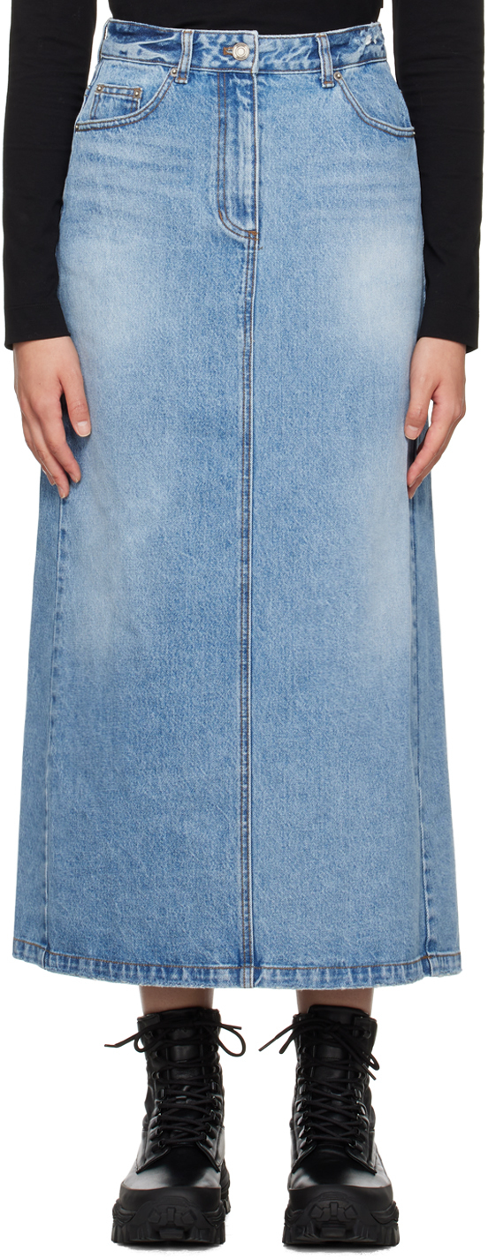 Shop Juunj Blue Faded Denim Maxi Skirt