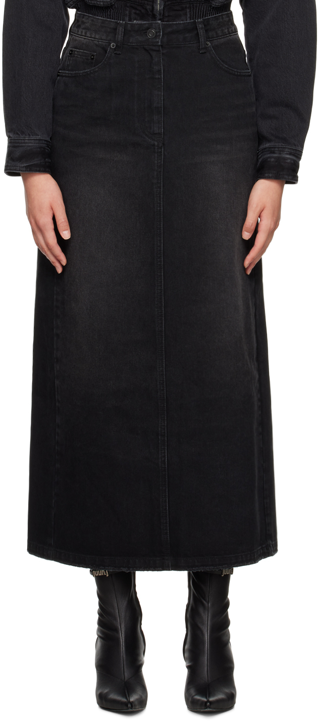 Black Faded Denim Maxi Skirt by Juun.J on Sale