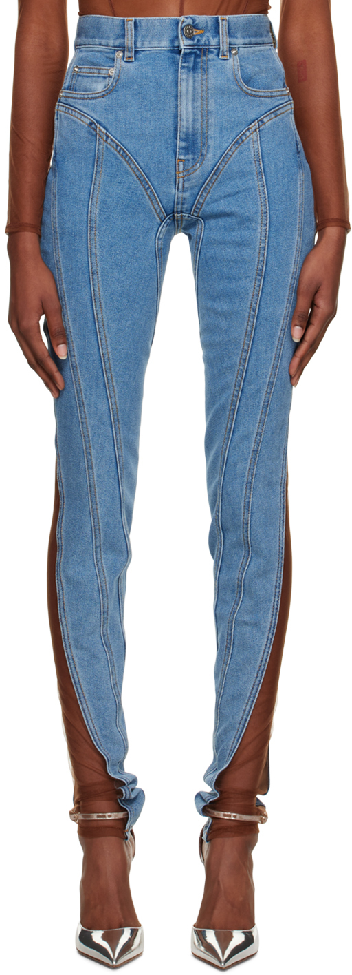 Mugler Blue Paneled Jeans In B6402 Medblue/nude02