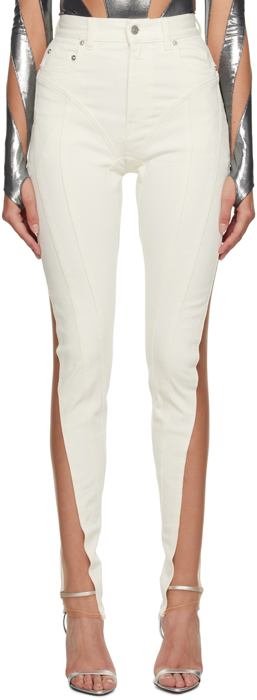 Mugler Off-white Paneled Jeans In B1011 Ivory/nude 01