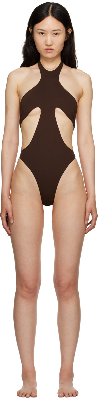 Mugler Brown Cutout Swimsuit
