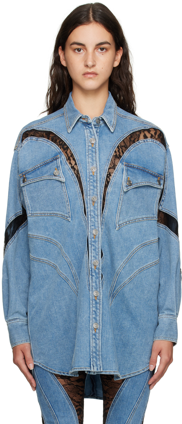 Shop Mugler Blue Lace Denim Shirt In 3074 Med Blue/black