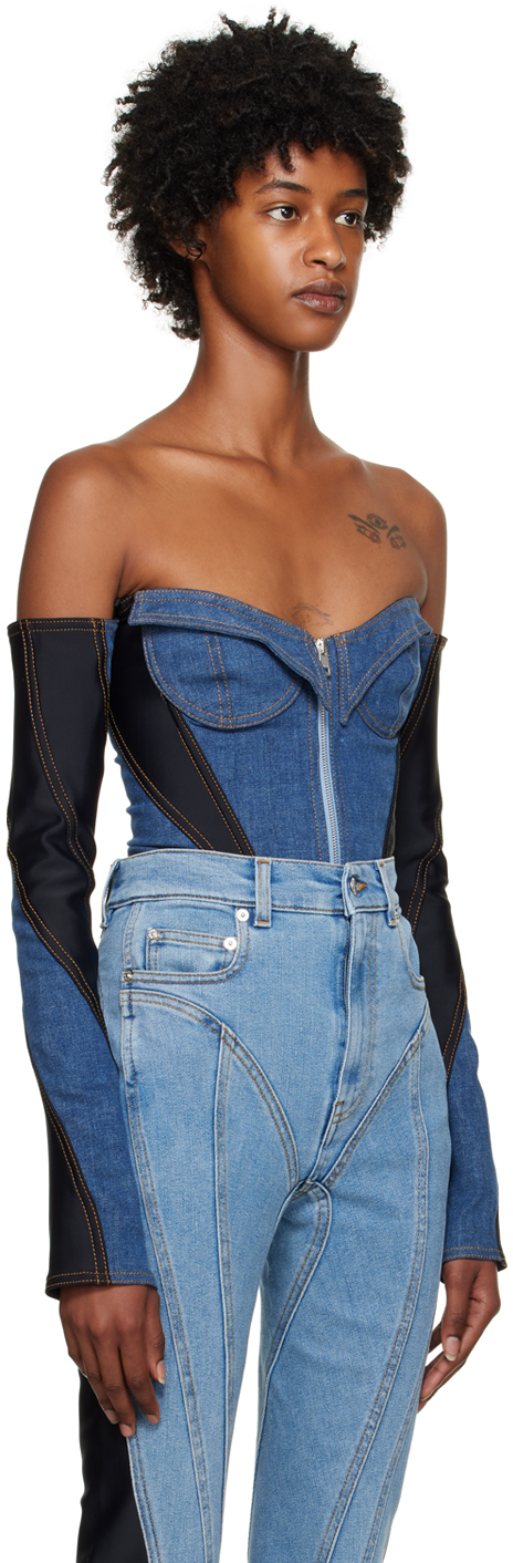Mugler Corset Denim Bodysuit In 3074 Med Blue / Blac