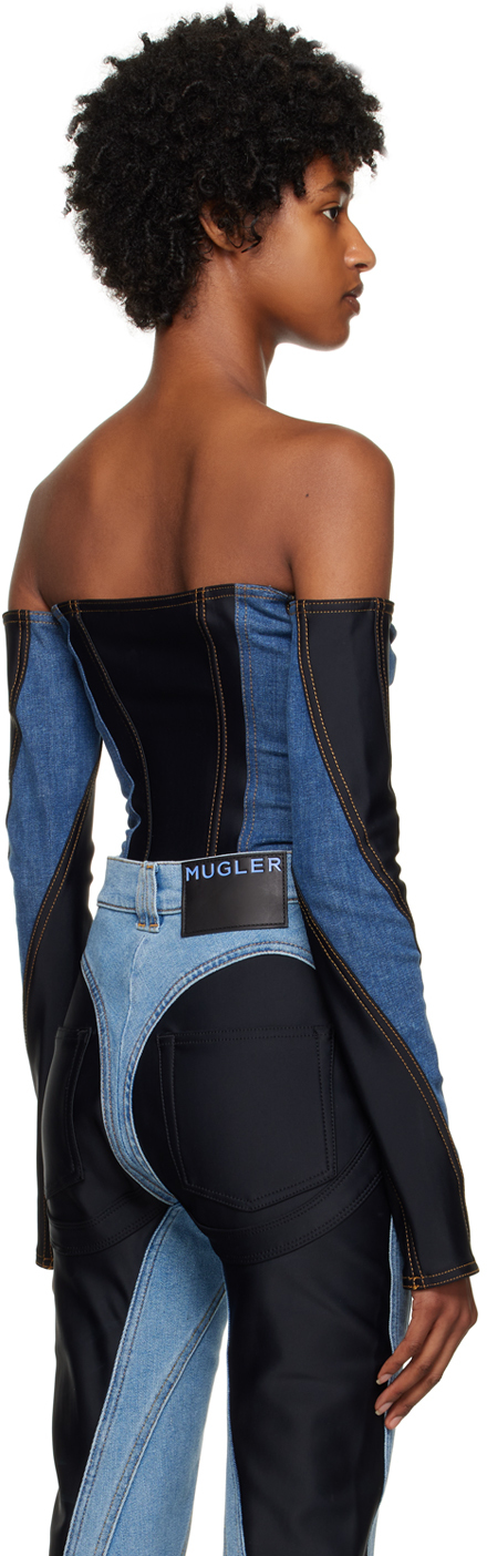 Mugler Corset Denim Bodysuit In 3074 Med Blue / Blac