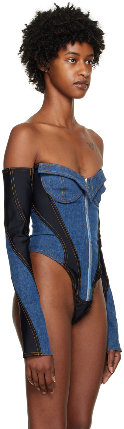 Mugler Corset Denim Bodysuit In 3074 Med Blue / Blac
