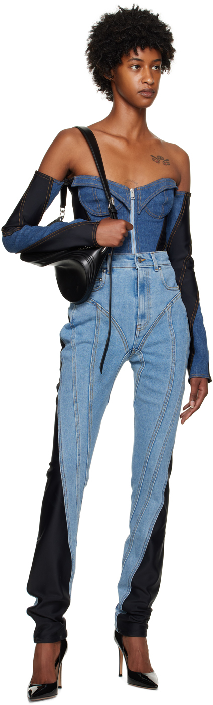 Mugler Corset Denim Bodysuit In 3074 Med Blue / Blac