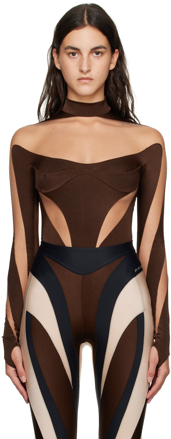 Shop Mugler Brown Illusion Bodysuit In B7001 Choco/nude 01