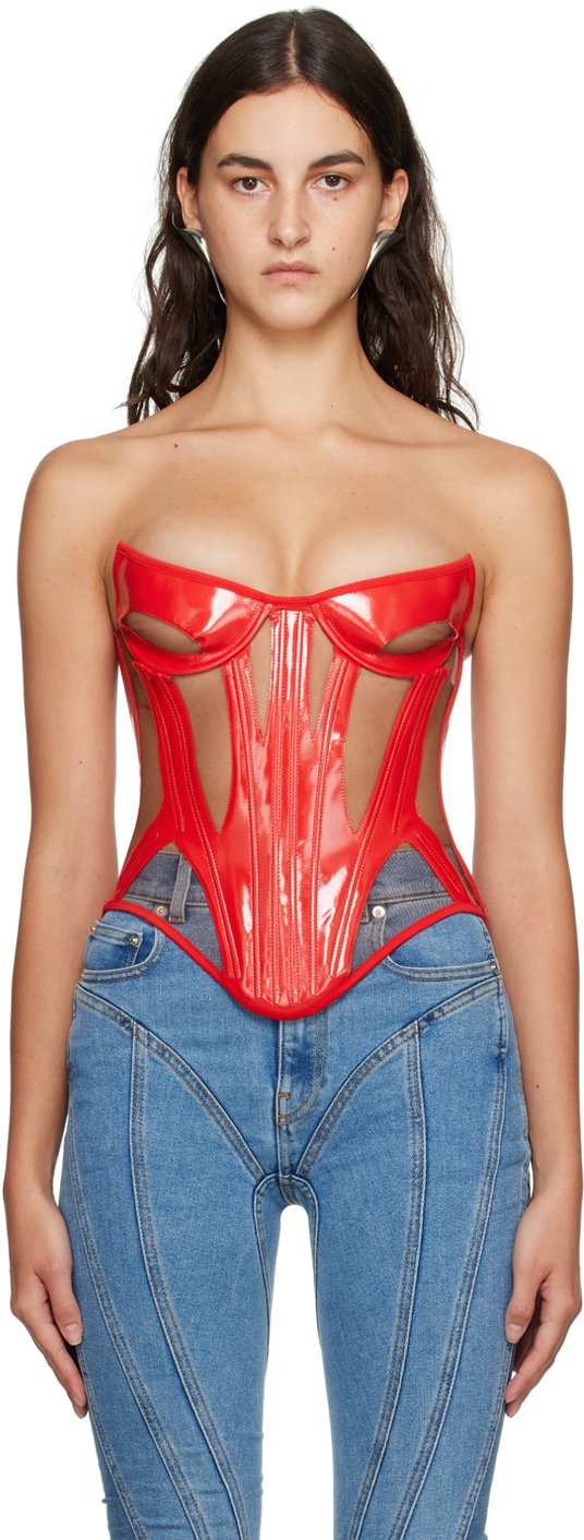 Mugler Red Paneled Faux-leather Corset In B3302 Red / Nude 02