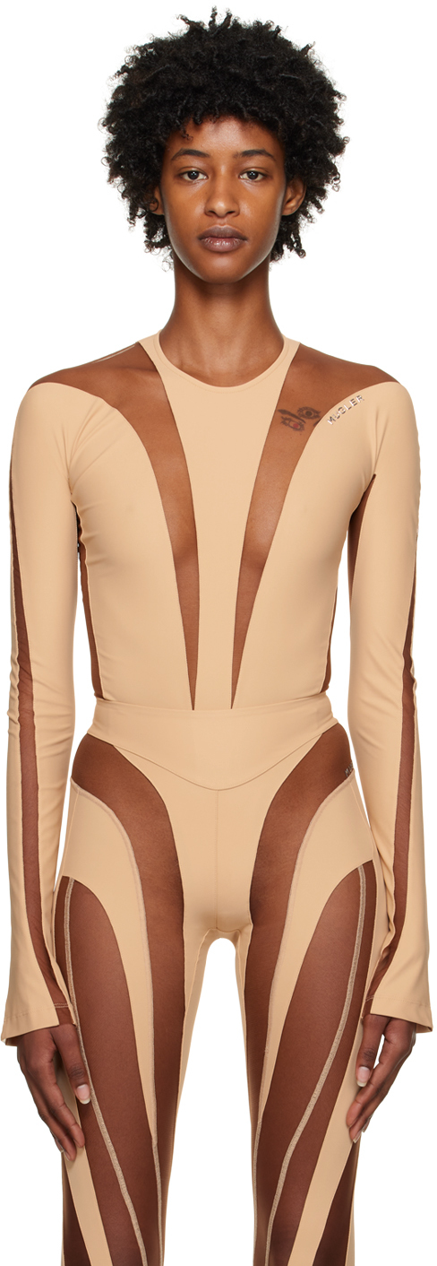 Beige Illusion Bodysuit by Mugler on Sale