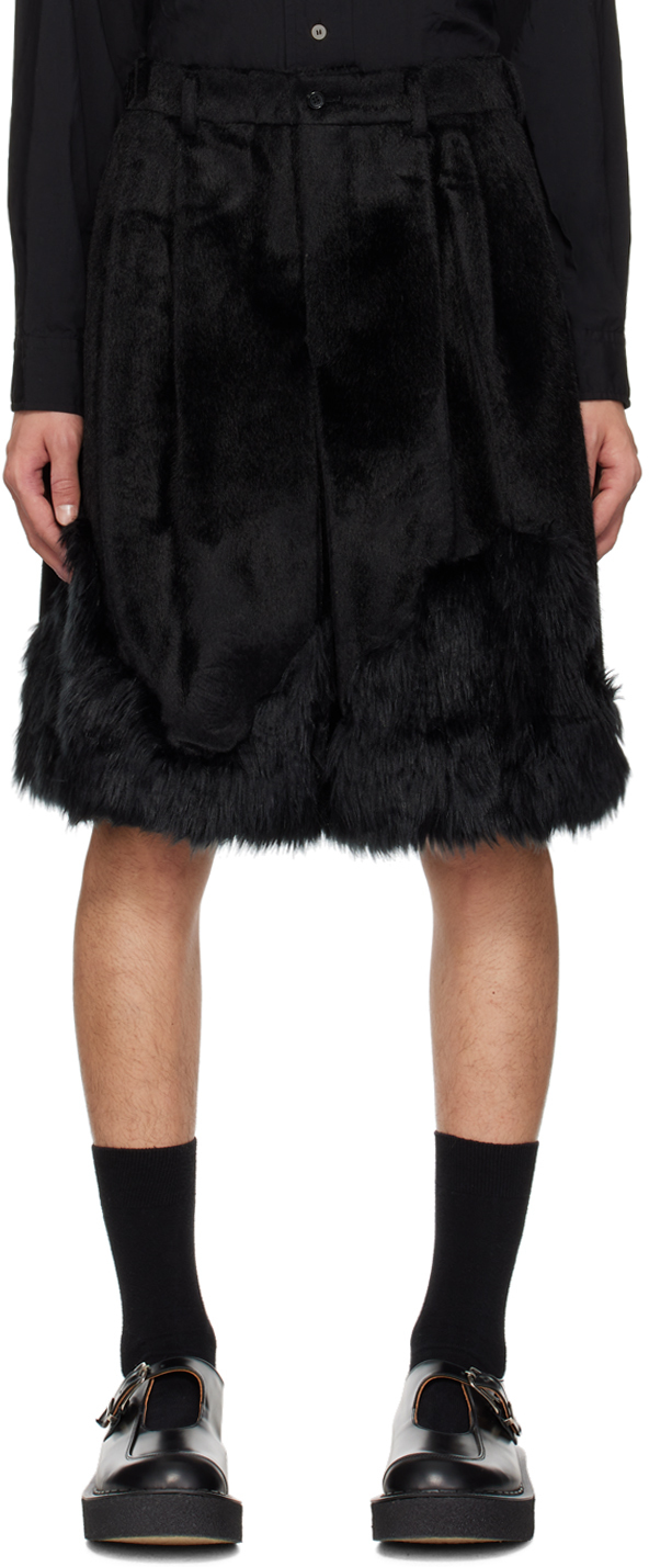 Black Pleated Faux-Fur Shorts
