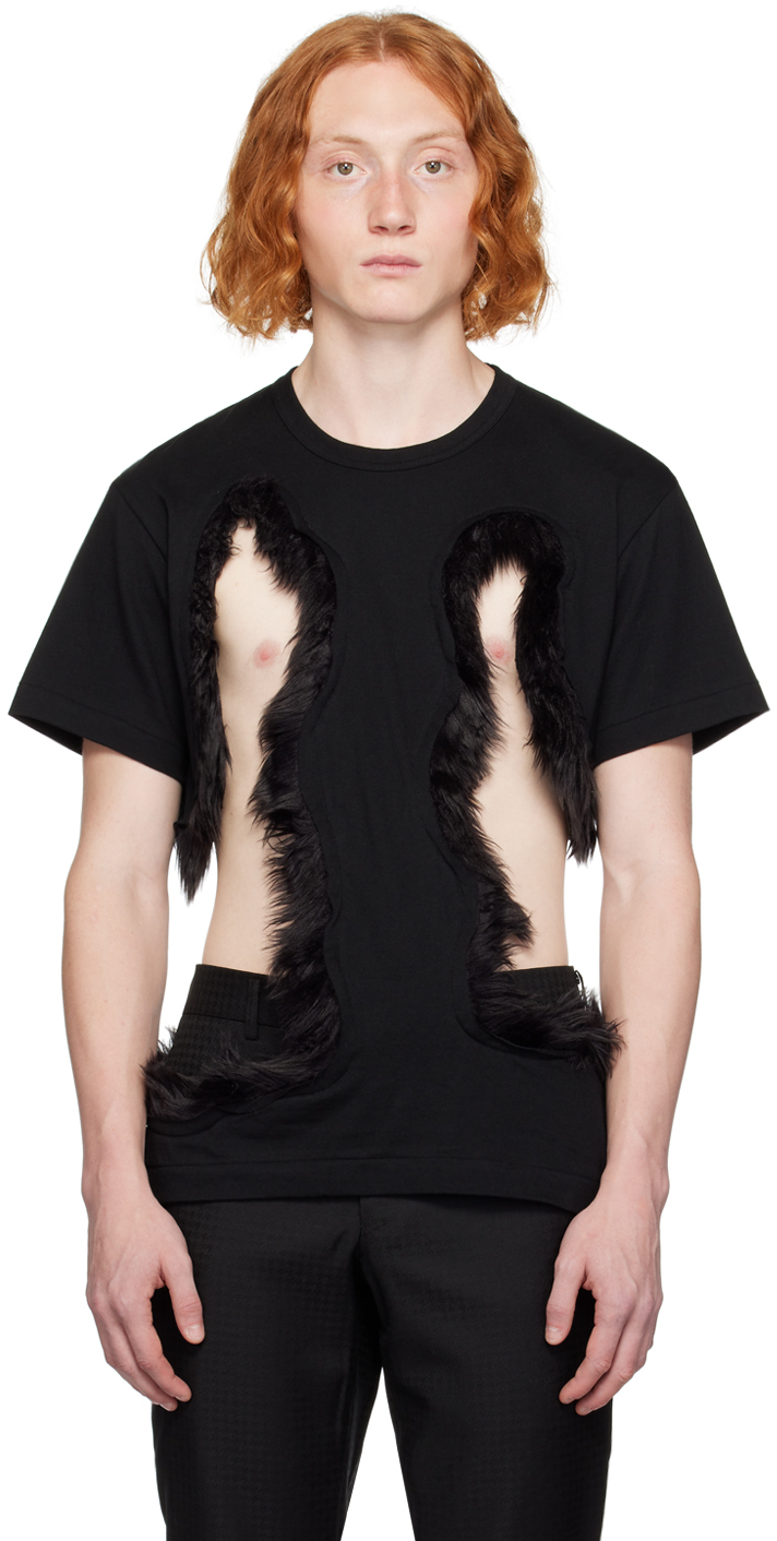 Black Cutout Faux-Fur T-Shirt
