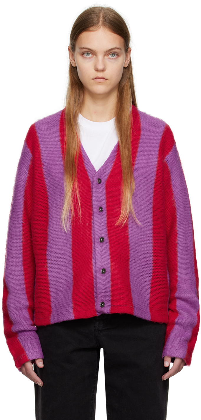 Stüssy: Purple & Red Stripe Cardigan | SSENSE