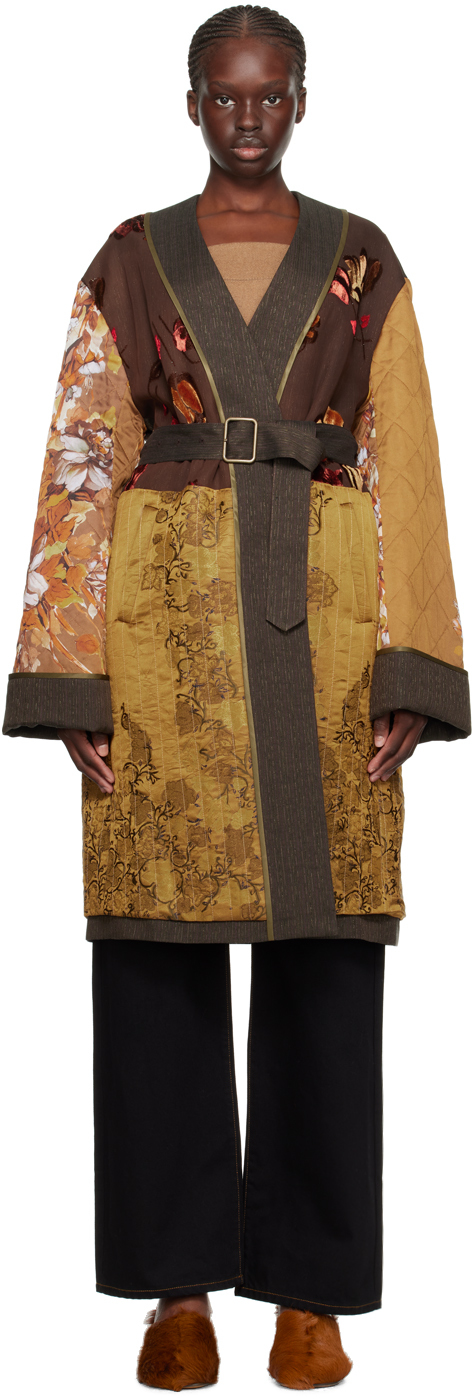 Dries Van Noten Brown Paneled Coat In 606 Khaki