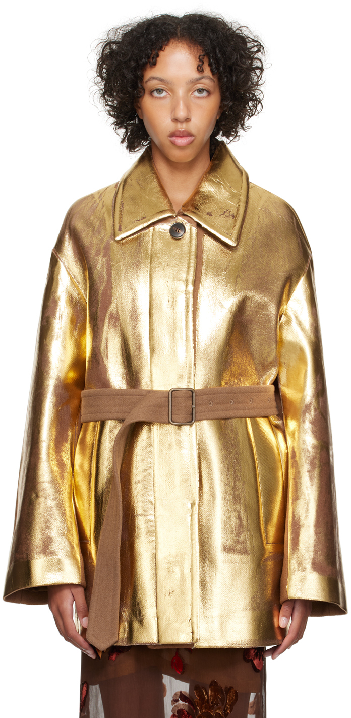 Dries Van Noten Tan & Gold Hand-painted Jacket In 102 Camel