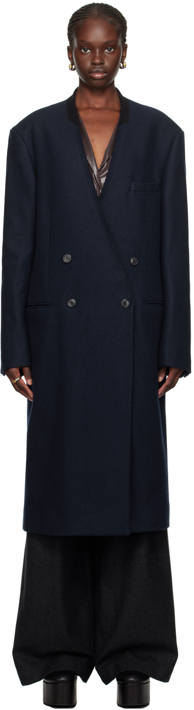 Navy collarless coat sale