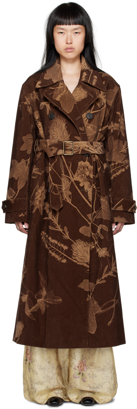 Brown Pressed Flowers Trench Coat
