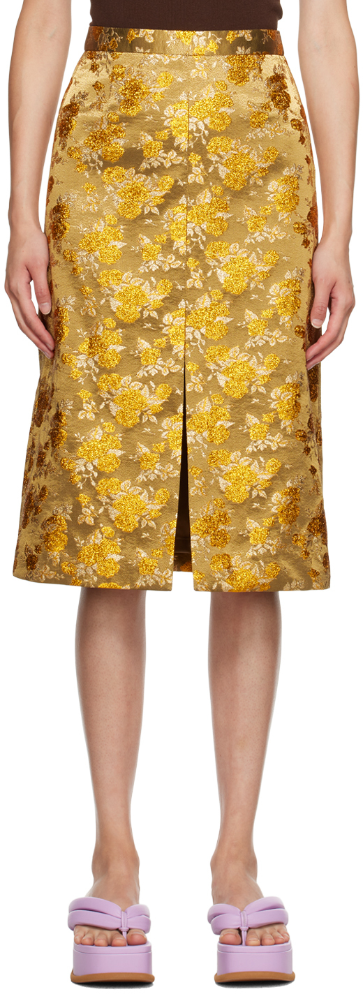 Dries Van Noten: Gold Floral Midi Skirt | SSENSE