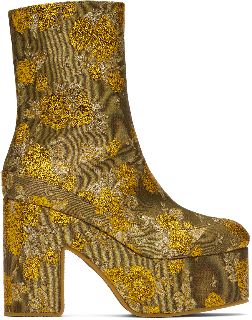 Dries Van Noten Floral Brocade Platform Ankle Booties In Gold
