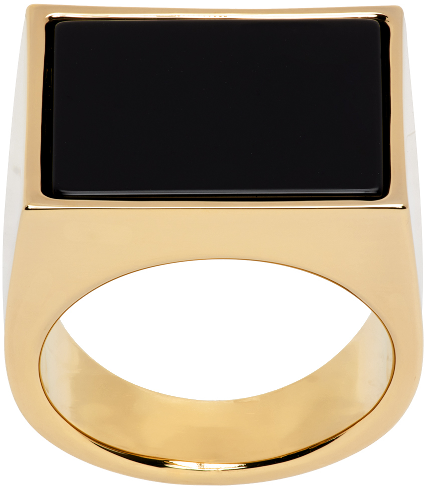 Dries Van Noten Gold & Black Square Signet Ring In 938 Black/gold