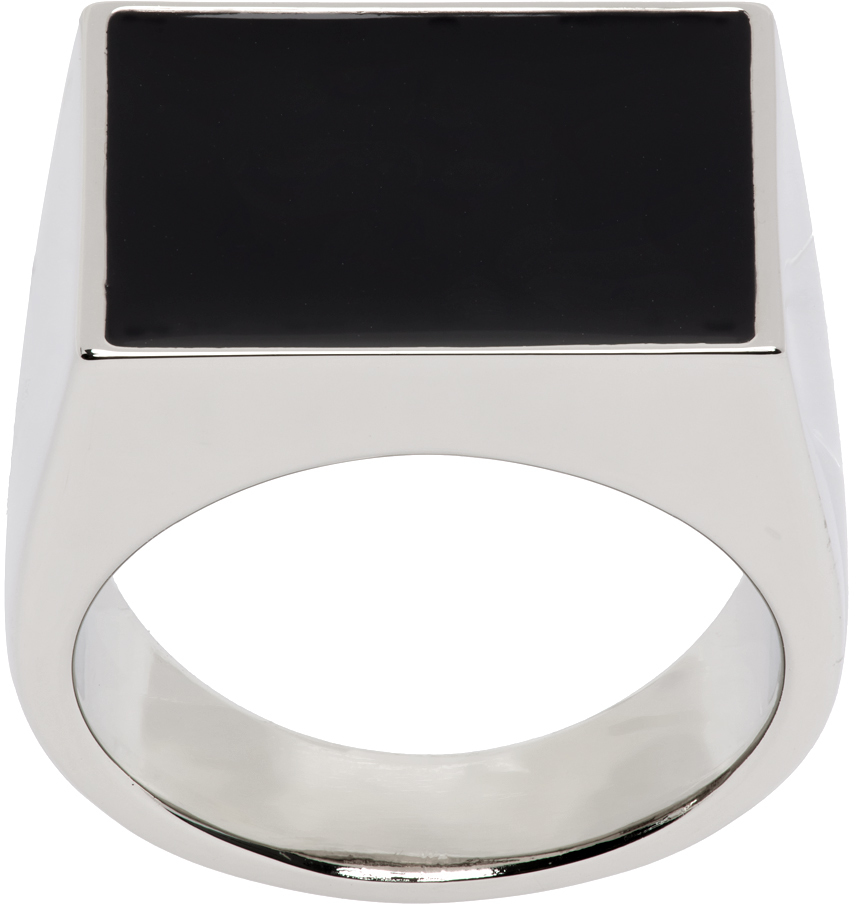 Dries Van Noten Silver & Black Square Signet Ring In 949 Black/silver