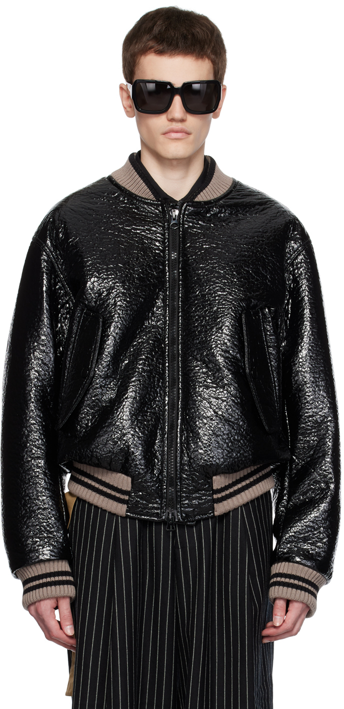 Black Crinkled Faux-Leather Bomber Jacket by Dries Van Noten on Sale