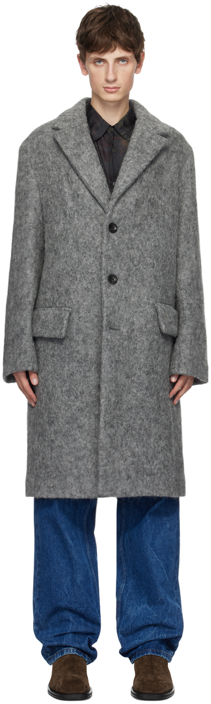 Gray Notched Lapel Coat by Dries Van Noten on Sale
