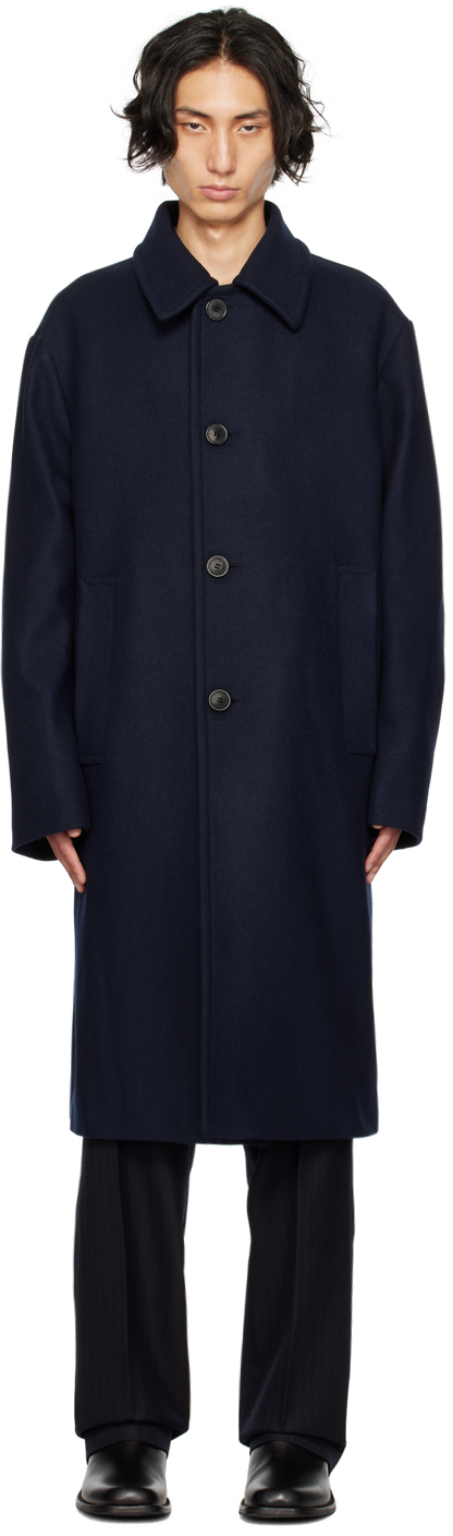 Navy Spread Collar Coat by Dries Van Noten on Sale