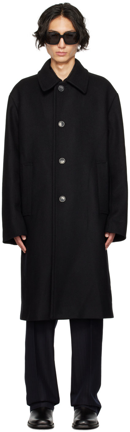 Black Spread Collar Coat by Dries Van Noten on Sale