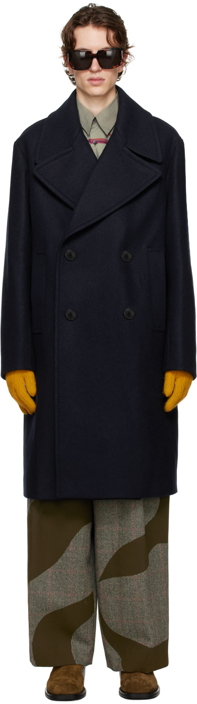 Dries Van Noten Navy Double-breasted Coat In Blue